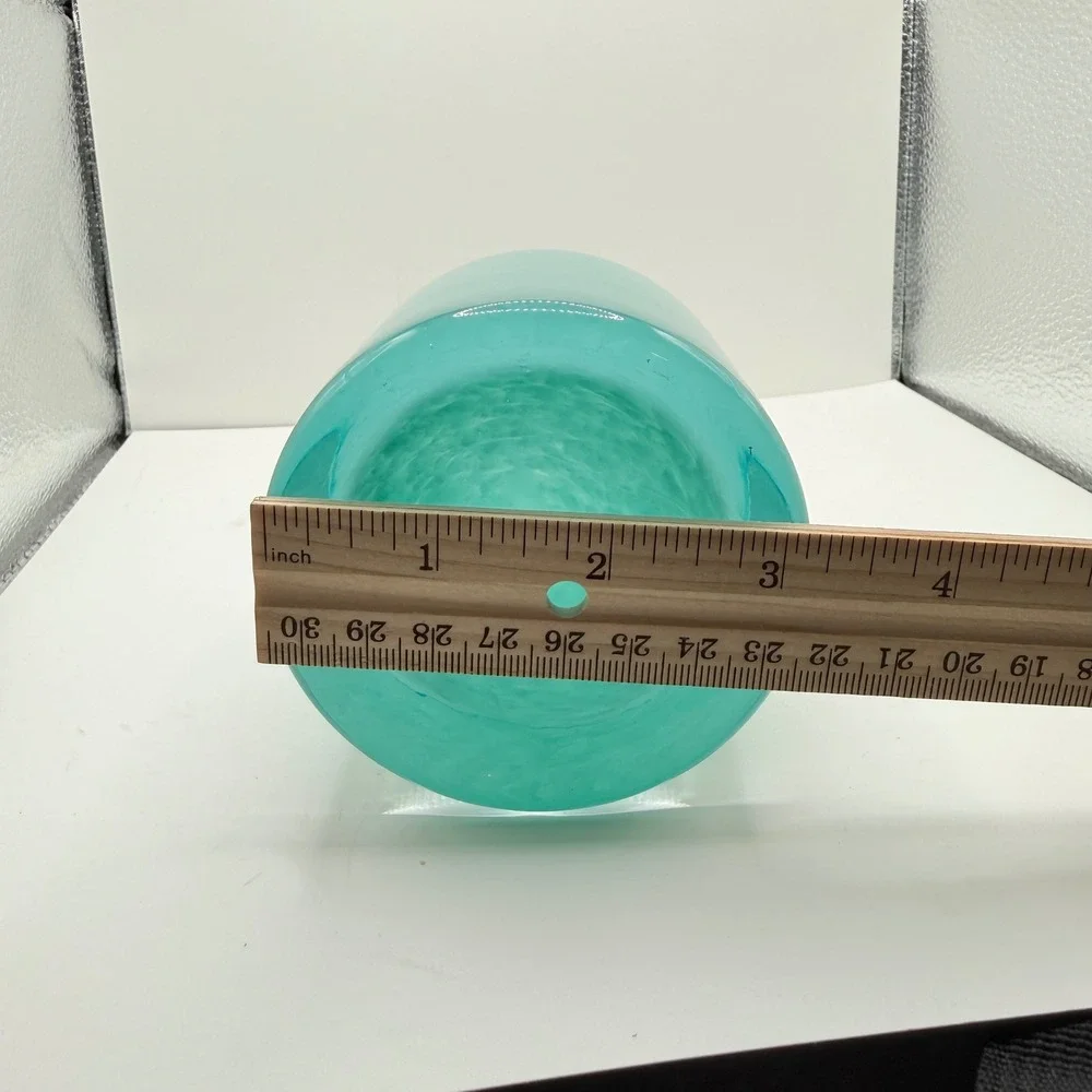 Hand-Blown Glass Vase‎ Home Decor Medium Turquoise Swirl Silver Rim Modern